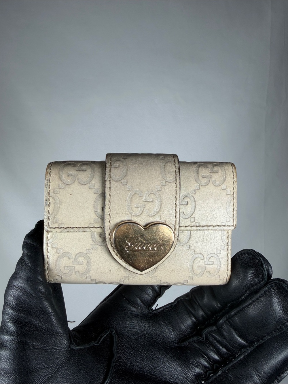Authentic Gucci Cream GG Monogram Wallet with Gold Heart